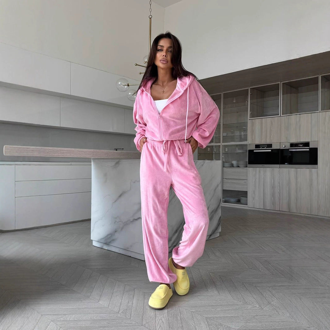 Damen weiches Velours Lounge-Set mit Kapuzenjacke, Reißverschluss und weiten Komforthosen Eichborn Berlin