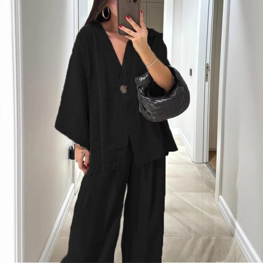 Damen nan entspanntes Zweiteiler-Leinenensemble mit kimonoartiger Oversize-Jacke und weiter Palazzohose EB