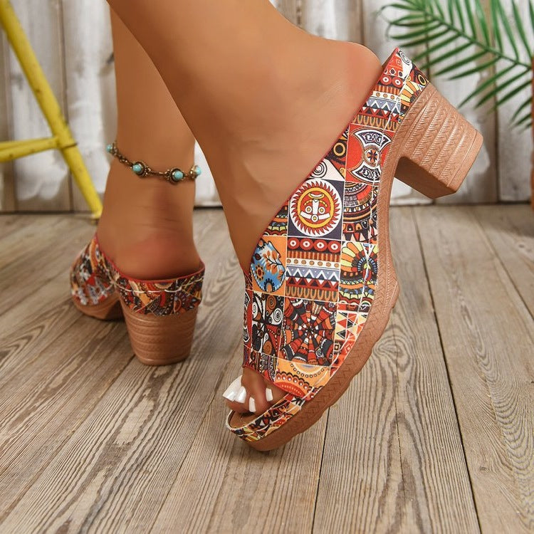 Damen Plateau-Pantoletten mit buntem, bohemian-inspiriertem Design EB