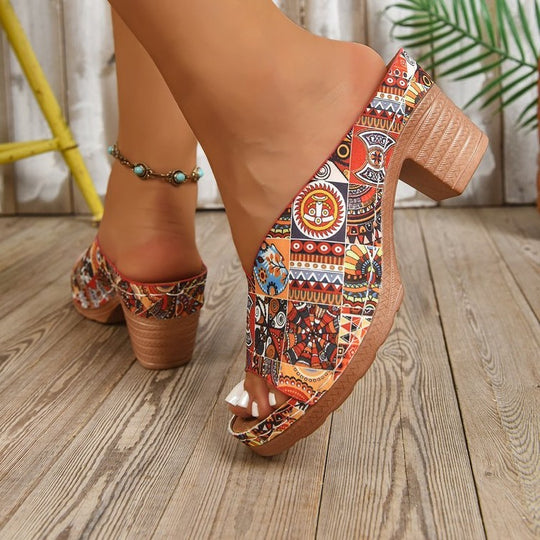 Damen Plateau-Pantoletten mit buntem, bohemian-inspiriertem Design EB