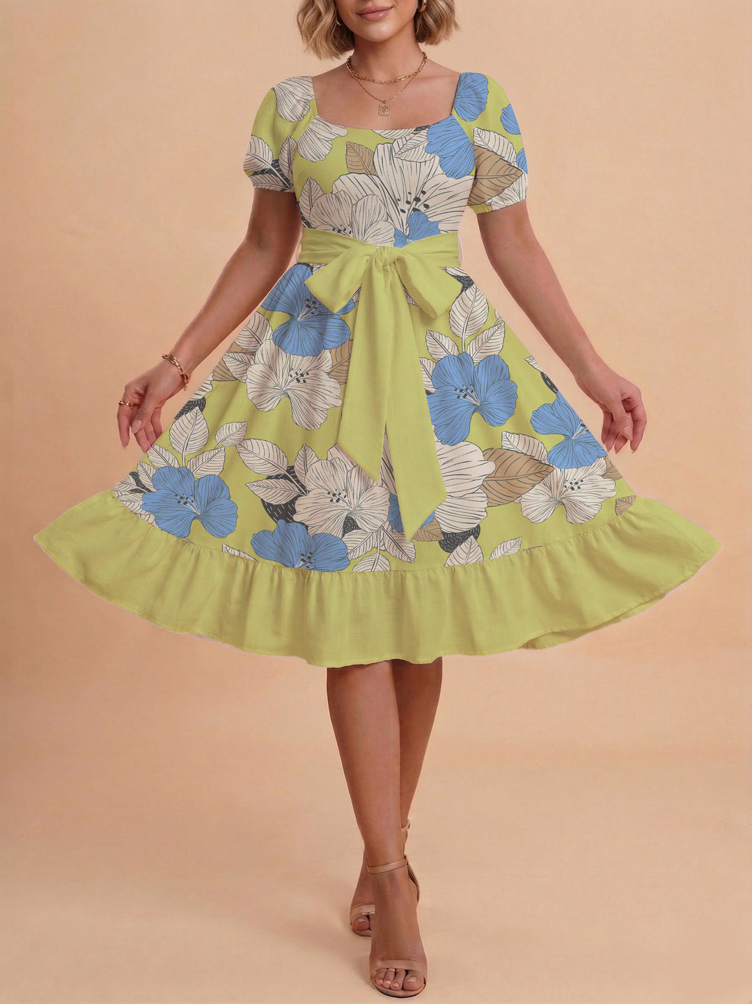 Damen Blumenkleid mit taillierbarem Gürtel und voluminösen Ärmeln EB