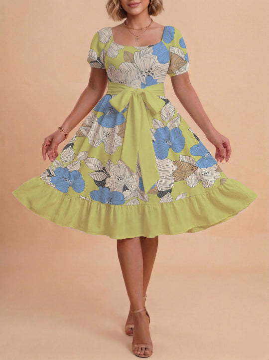 Damen Blumenkleid mit taillierbarem Gürtel und voluminösen Ärmeln EB