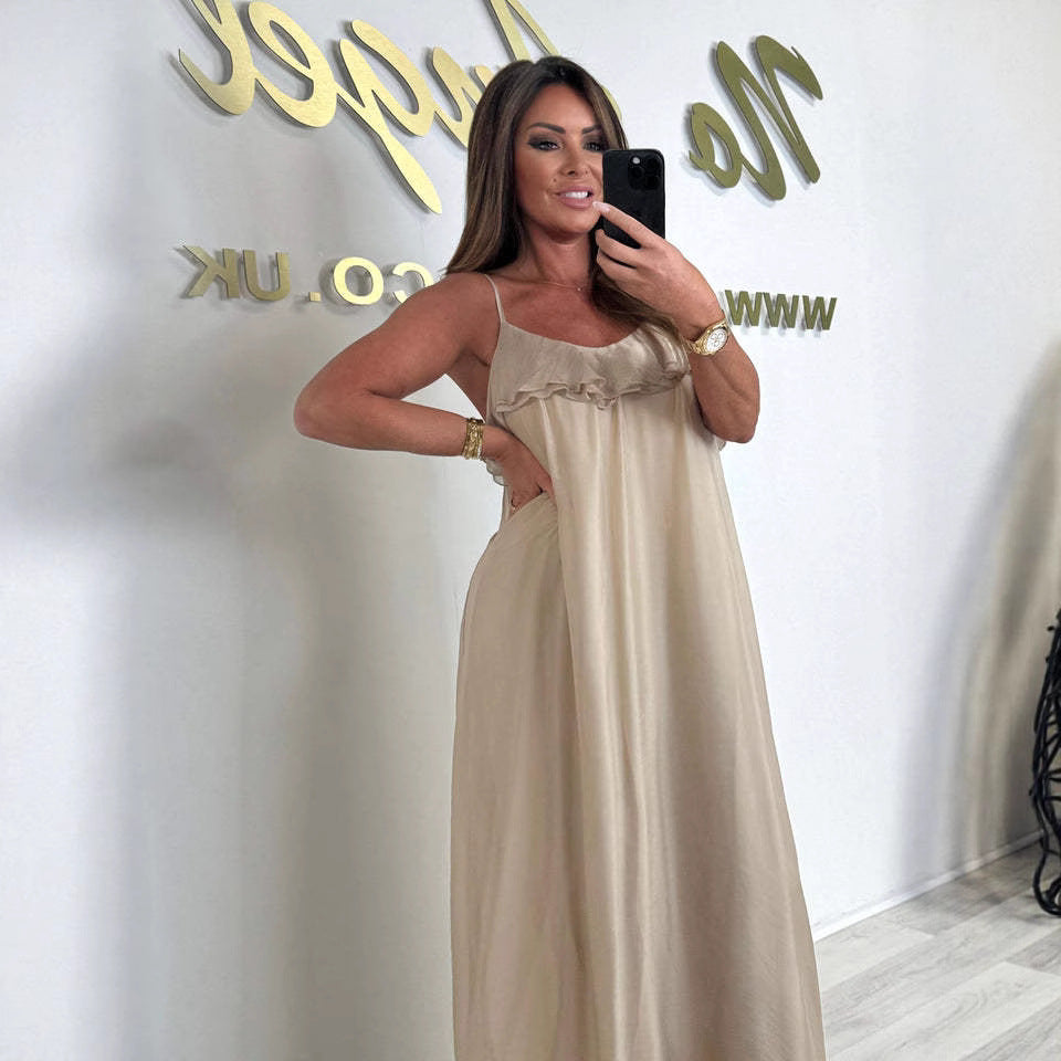 Damen Maxikleid mit zarter Rüschendetail und Spaghettiträger EB