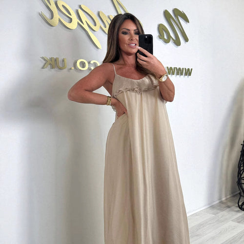 Damen Maxikleid mit zarter Rüschendetail und Spaghettiträger EB
