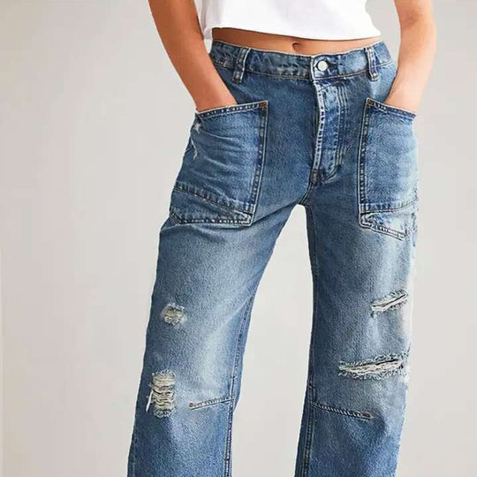 Damen weit geschnittene Jeans mit kreativen Taschen und Destroyed-Details EB