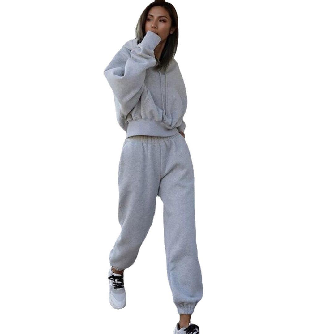 Damen kurzes Oversize-Kapuzenpullover-Set mit elastischer High-Waist-Jogginghose aus Baumwollfleece EB