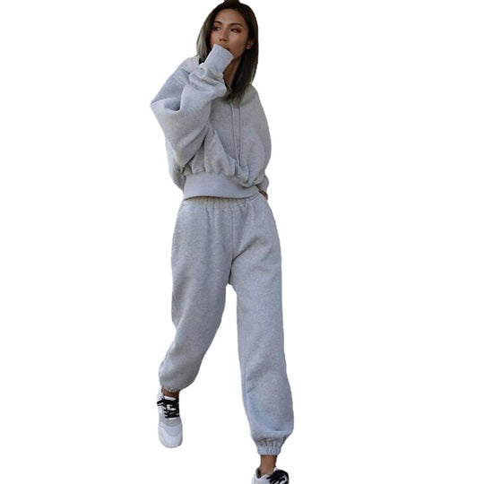 Damen kurzes Oversize-Kapuzenpullover-Set mit elastischer High-Waist-Jogginghose aus Baumwollfleece EB