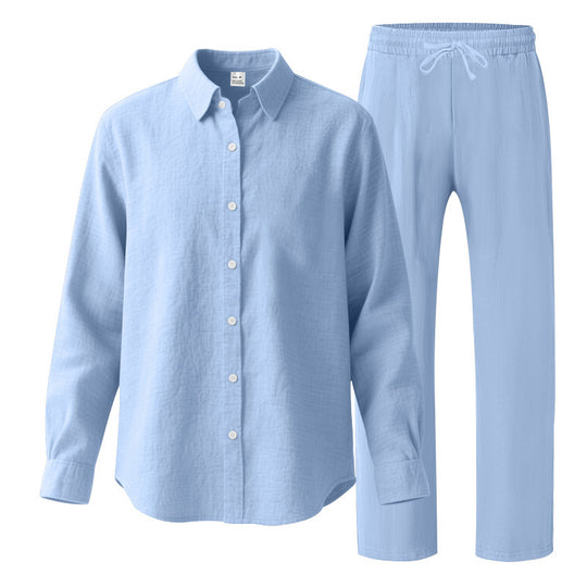 Damen nan komfortables Lounge-Set mit oversized Hemdbluse und elastischer Kordelzug-Hose EB