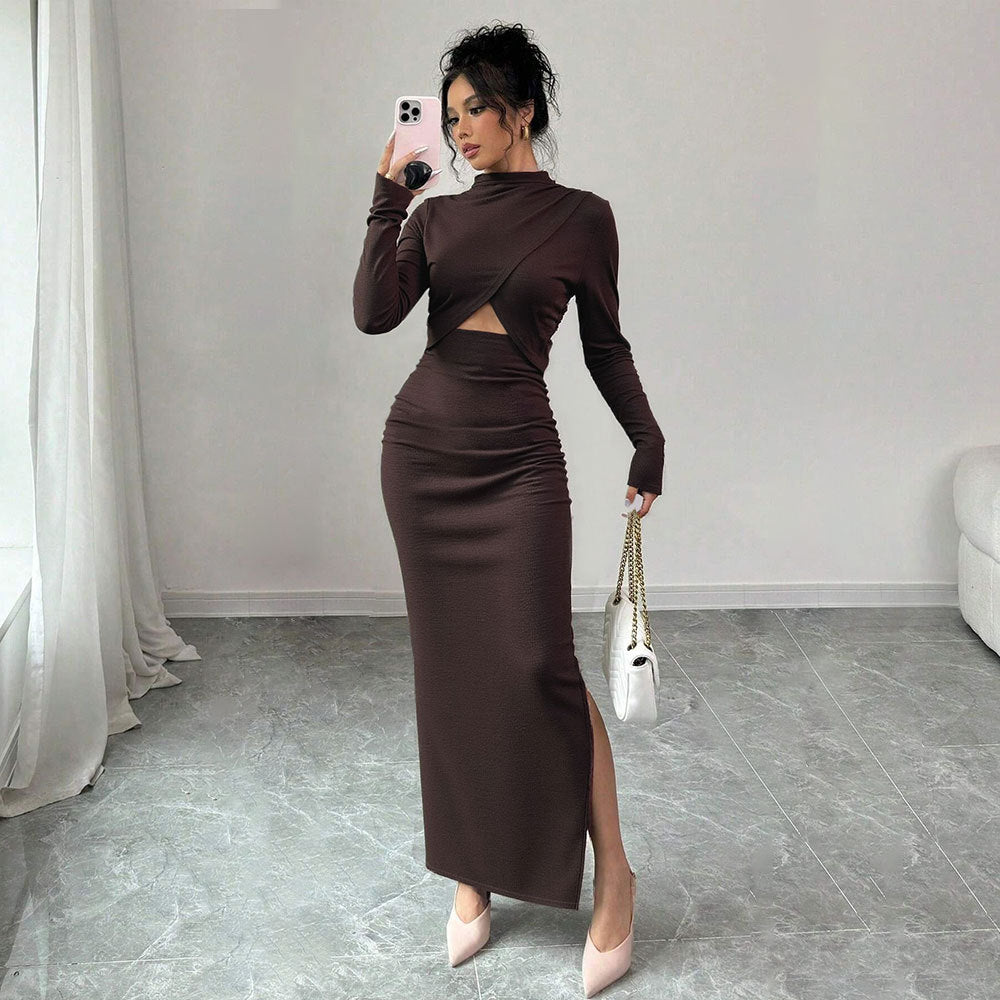 Damen geripptes Maxikleid mit gedrehtem Vorderteil Cut-Out taillierter Raffung und hohem Seitenschlitz Eichborn Berlin