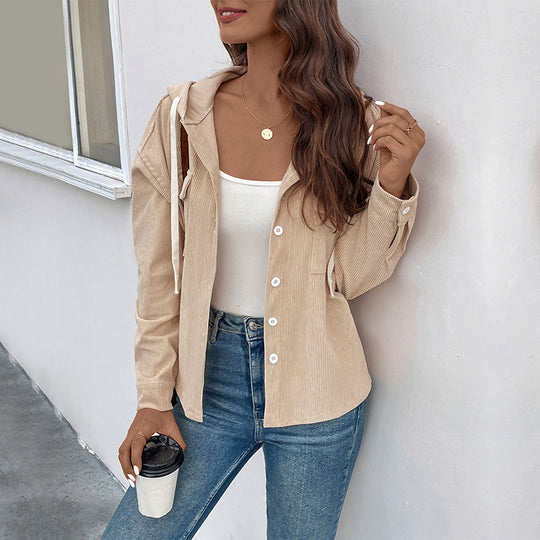 Damen Cordjacke mit Kapuze und Knopfverschluss EB