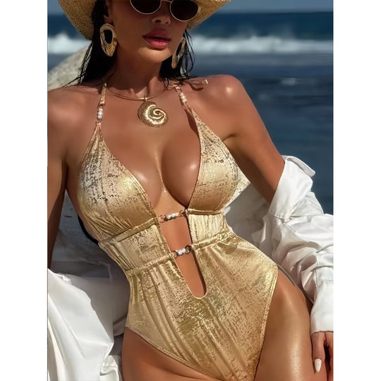 Damen Einteiler-Badeanzug mit verführerischem Cut-Out und Glanzdetails EB
