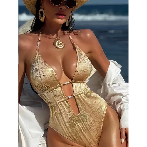 Damen Einteiler-Badeanzug mit verführerischem Cut-Out und Glanzdetails EB