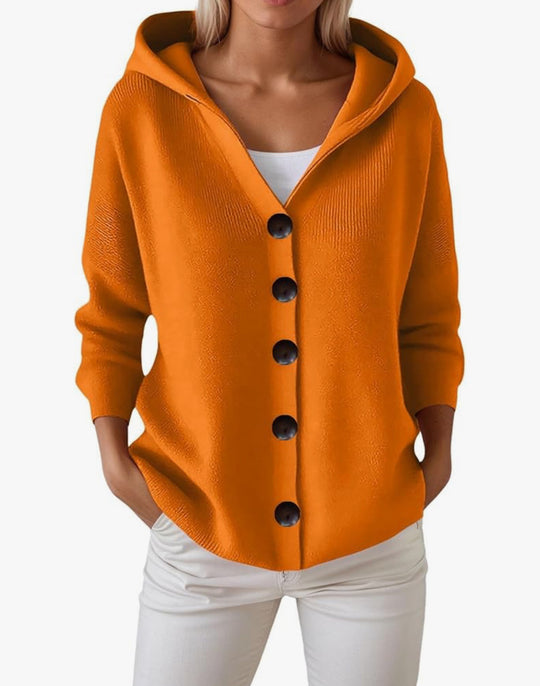 Damen Kapuzen-Strickjacke mit großen Holzknöpfen und seitlichen Eingrifftaschen EB