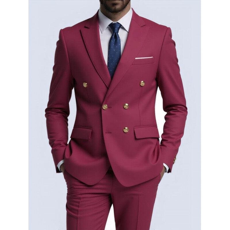 Herren nan doppelreihiger Slim-Fit Anzug mit goldenen Zierknöpfen und schmaler Businesshose EB