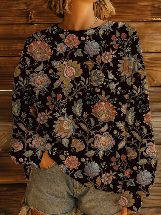 Damen Geblümter Oversize-Sweatshirt-Pullover mit Rundhals und Ballonärmeln EB