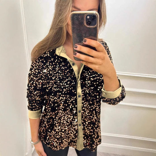 Damen Glitzernde Bluse aus Pailletten mit klassischem Kragen EB