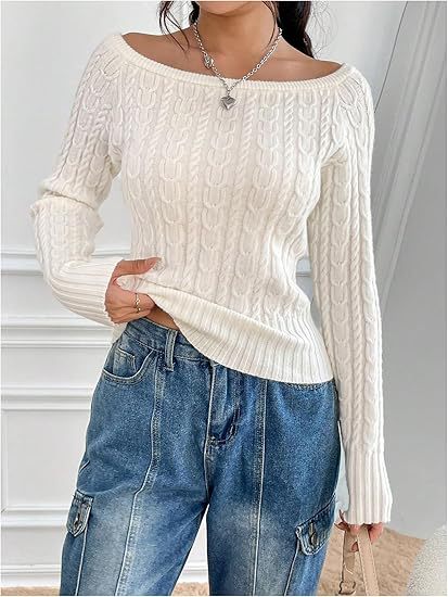 Damen Strickpullover mit elegantem Zopfmuster und italienischem Rundhalsausschnitt EB