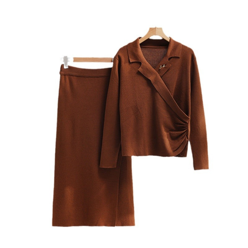 Damen elegantes Strickensemble mit Wickeloberteil und raffinierter hoher Taillierung EB