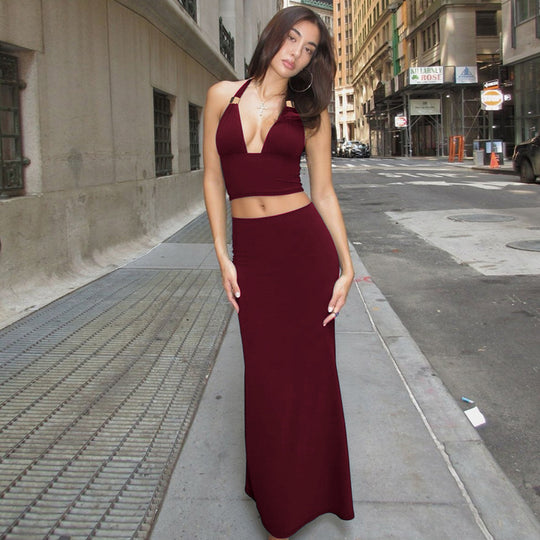Damen Elegantes Zwei-Teiliges Set aus Crop-Top und Maxirock EB