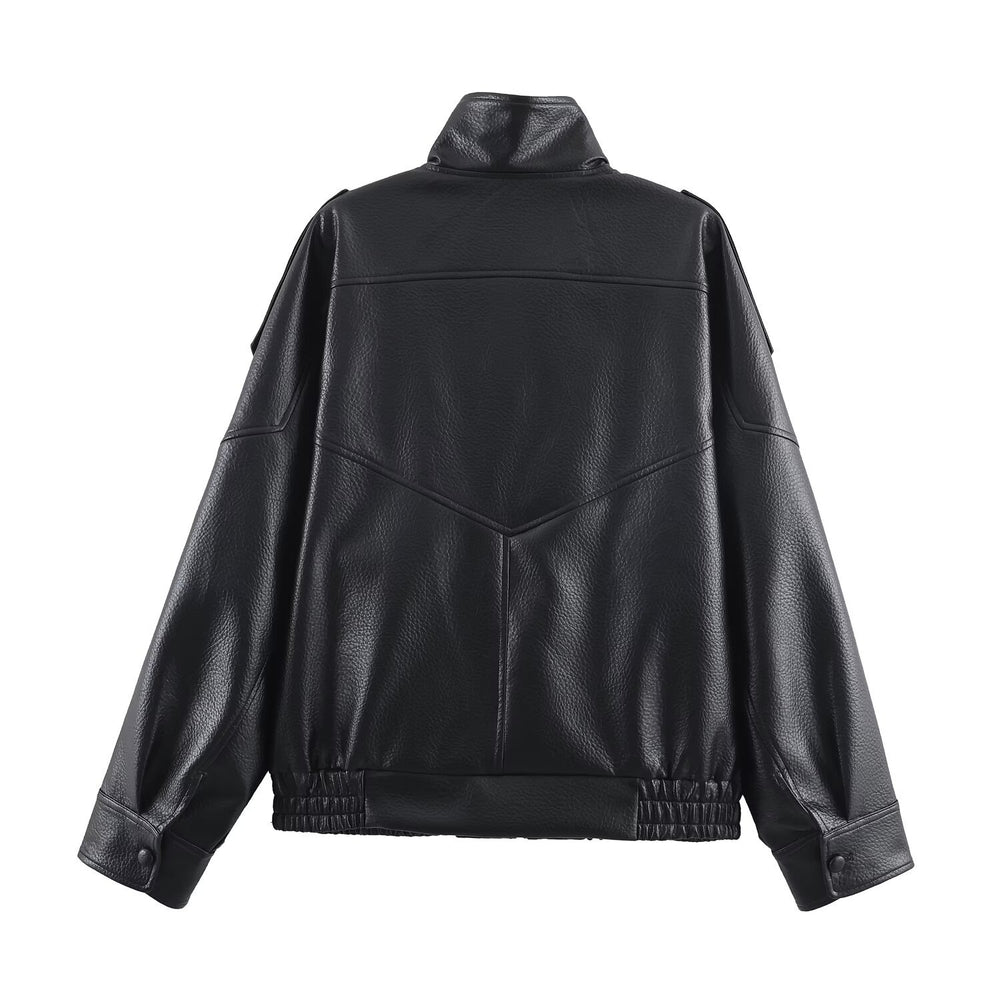 Damen Kunstlederjacke im modernen Design mit hochgeschlossenem Kragen und praktischen Taschen EB