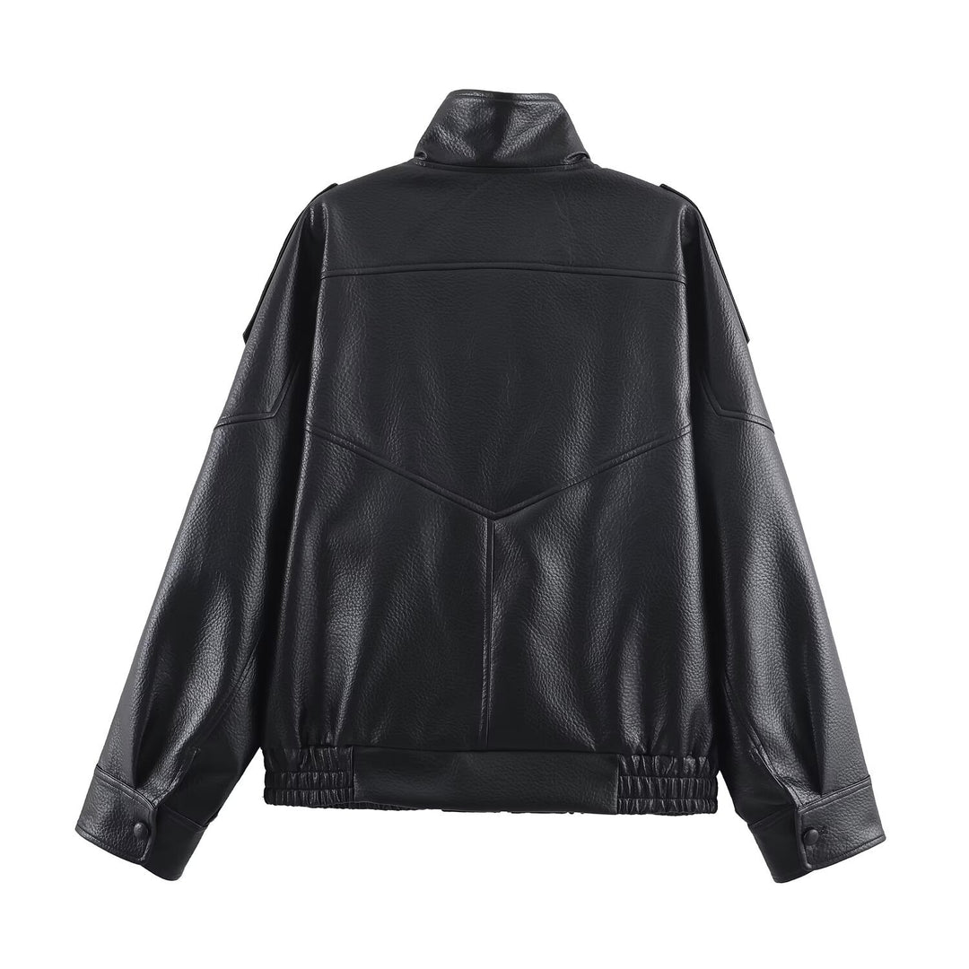 Damen Kunstlederjacke im modernen Design mit hochgeschlossenem Kragen und praktischen Taschen EB