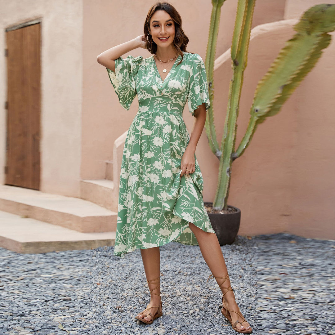 Damen Midi-Kleid mit V-Ausschnitt und voluminösen Ärmeln EB