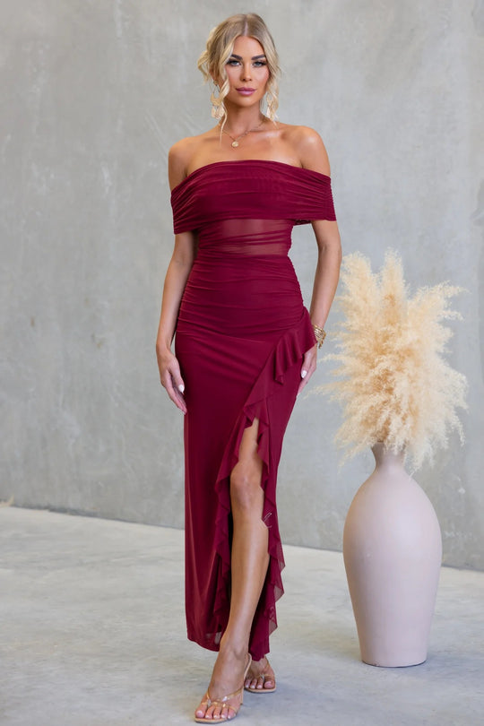 Damen Off-Shoulder Maxikleid mit raffiniertem Schnitt und sexy Schlitz EB