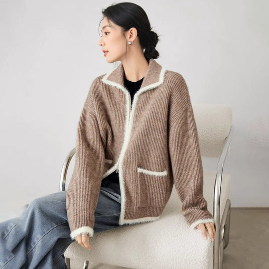 Damen Flauschiger Strickcardigan mit praktischen Taschen und hohem Kragen EB