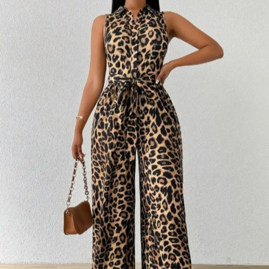 Damen Jumpsuit mit Leopardenmuster und Taillengürtel EB