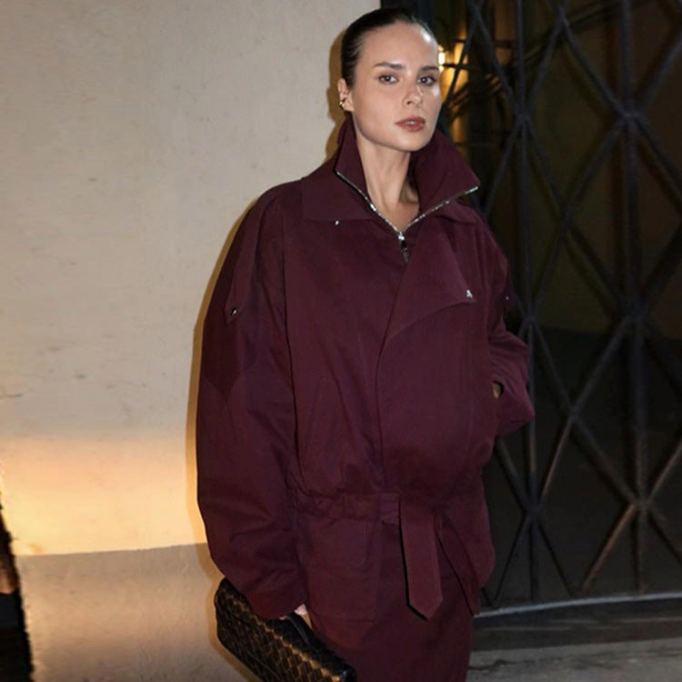 Damen moderne Oversized-Jacke mit Stehkragen und Taillengürtel EB