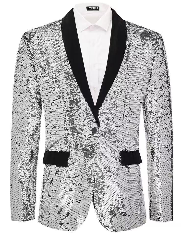 Herren Smokingblazer mit glänzenden Pailletten und eleganter Satinkragen EB