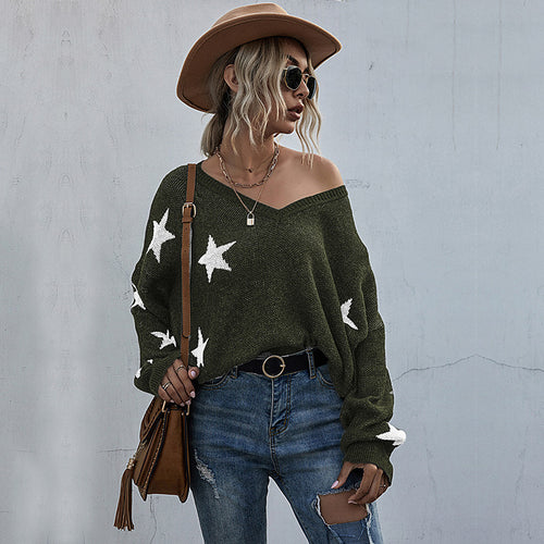 Damen lässiger Strickpullover mit asymmetrischem Schnitt und Sternenmuster EB
