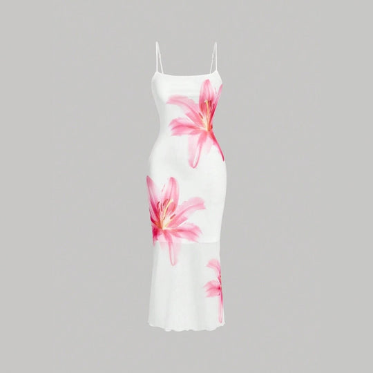Damen sommerliches Blumenkleid mit feinen Spaghetti-Trägern und fließendem Schnitt EB