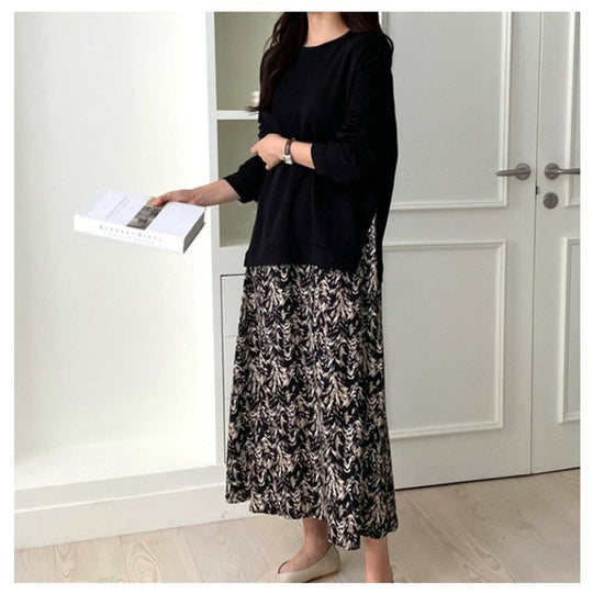 Damen nan lässiges Lagenkleid mit Sweatshirtoberteil und bedrucktem Midirock EB