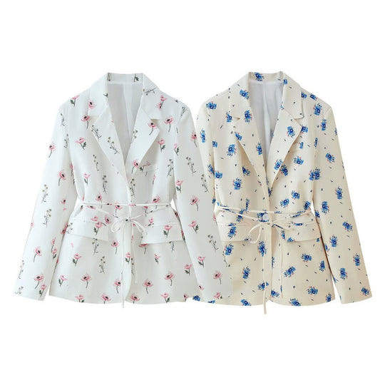 Damen Blazerjacke mit floralem Muster und taillierbarem Gürtel EB