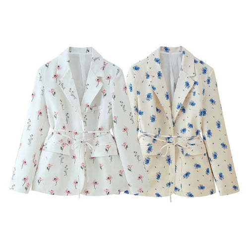 Damen Blazerjacke mit floralem Muster und taillierbarem Gürtel EB