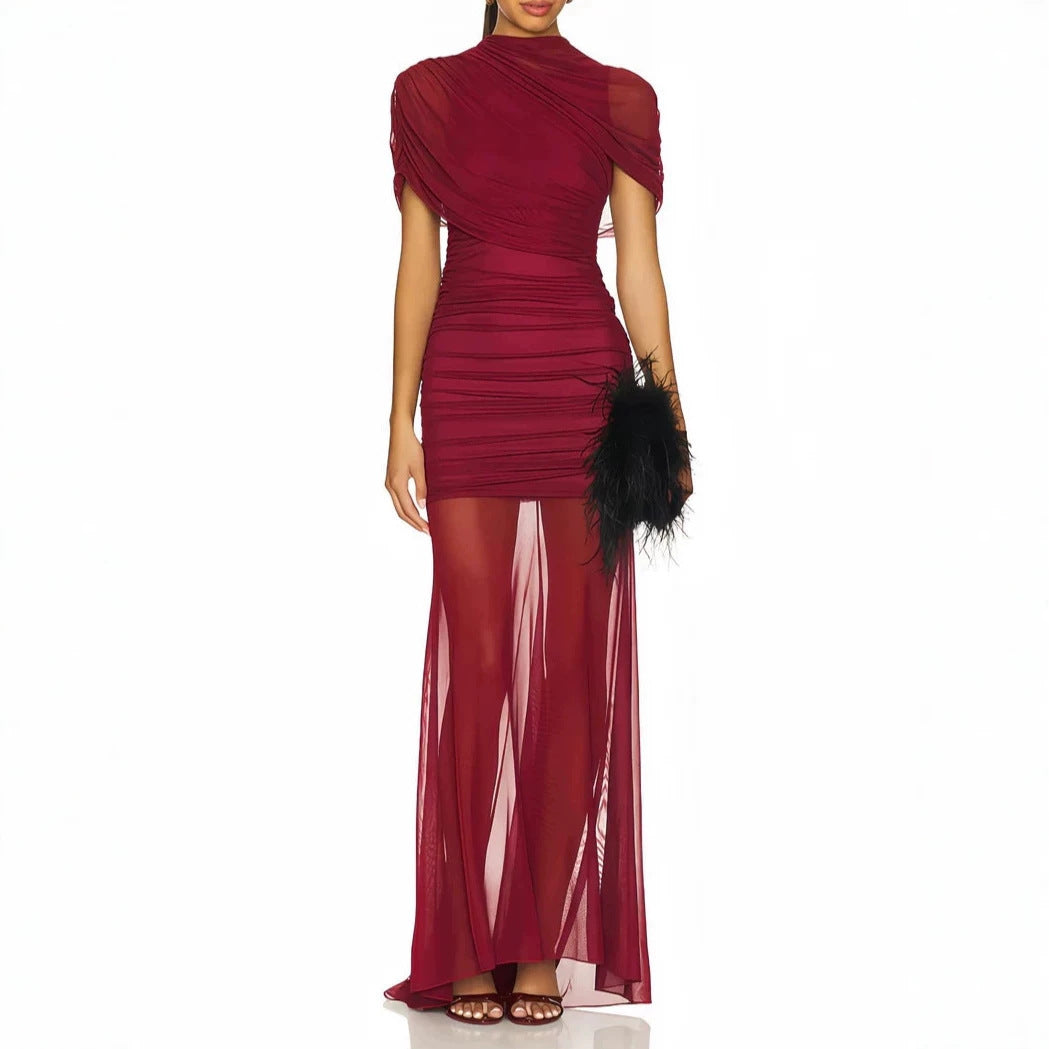 Damen Elegantes Cocktailkleid mit gerafftem Design und transparenter Schicht EB