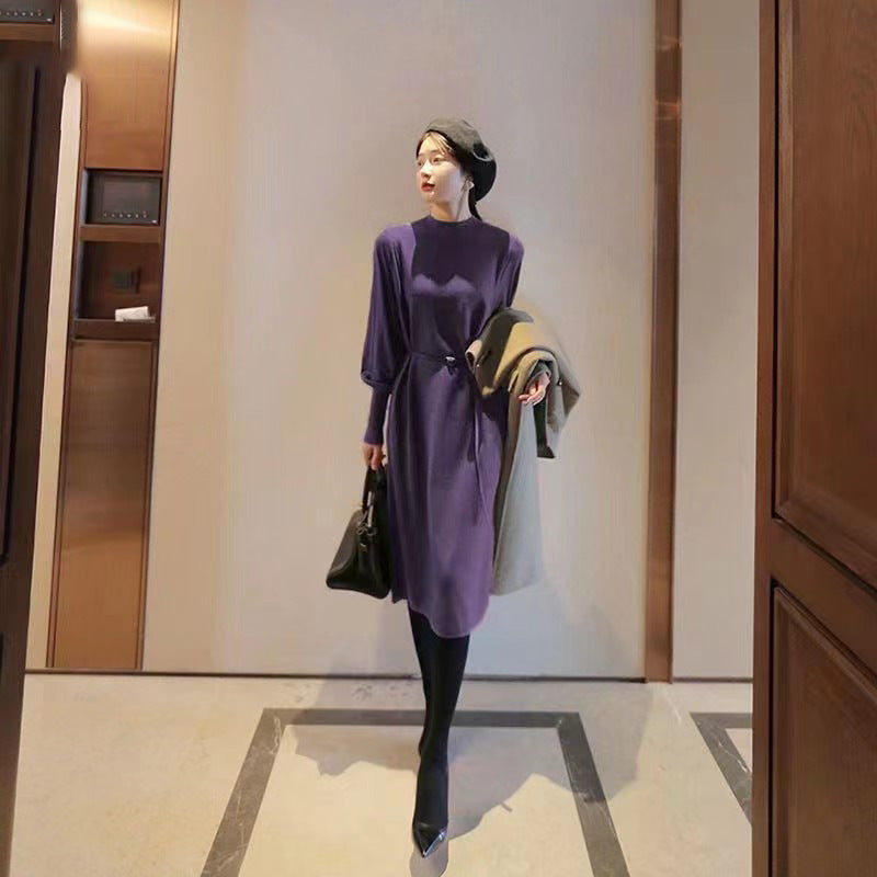 Damen Elegantes Knielanges Kleid mit Gürtel und Langarm EB