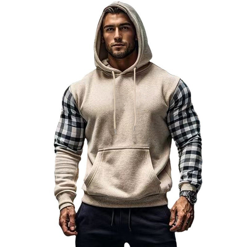 Herren Hoodie mit karierten Ärmeln und Kängurutasche EB