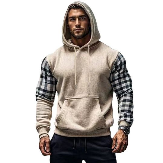 Herren Hoodie mit karierten Ärmeln und Kängurutasche EB