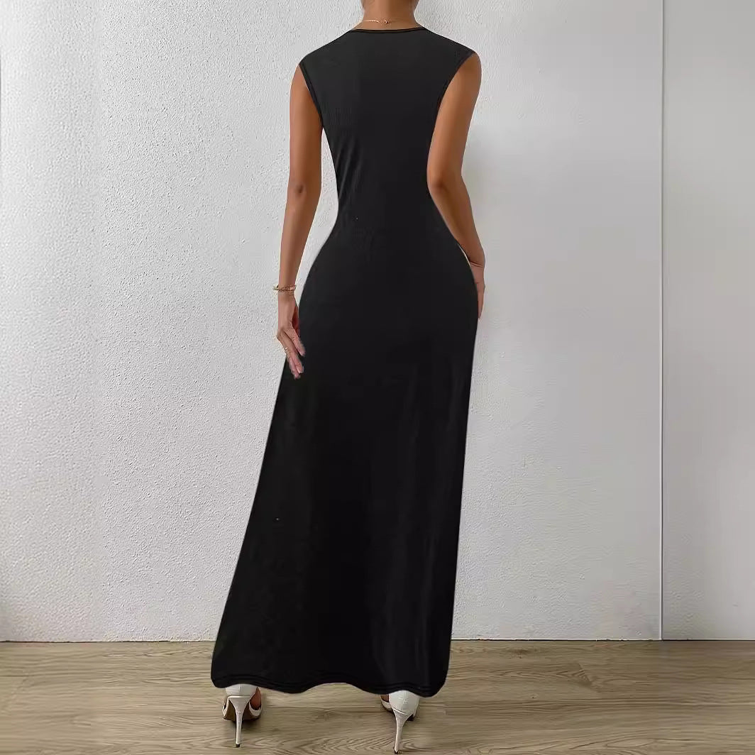 Damen Elegantes Maxikleid mit Raffungen und Rundhalsausschnitt EB