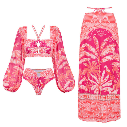 Damen Bikiniset mit transparentem Puffärmel und geflochtenem Detail EB
