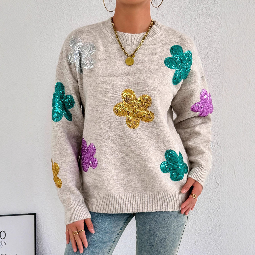 Damen Strickpullover mit glitzernden Blütenapplikationen EB