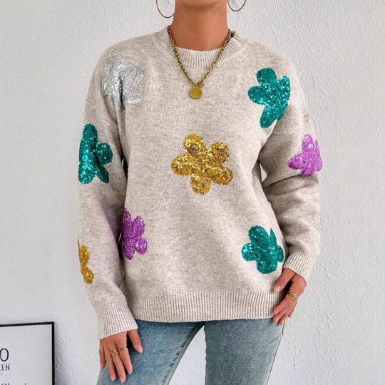 Damen Strickpullover mit glitzernden Blütenapplikationen EB