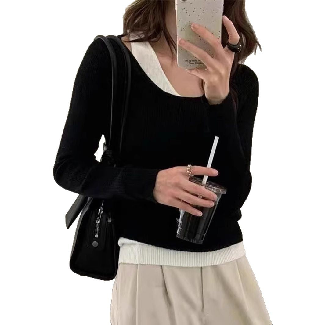 Damen lässiger V-Ausschnitt Strickpullover mit kontrastrierendem Saum EB