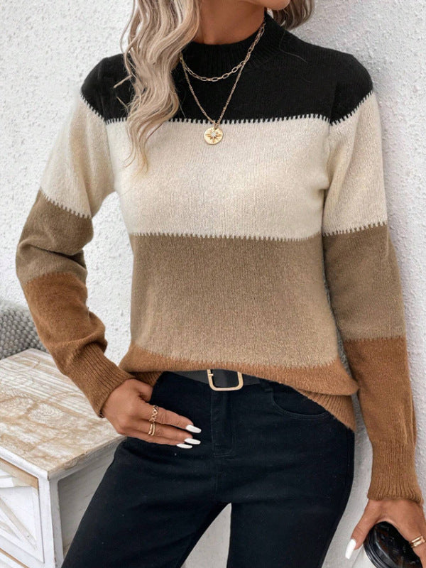 Damen modischer Strickpullover mit trendigem Blockstreifen und steigendem Kragen EB