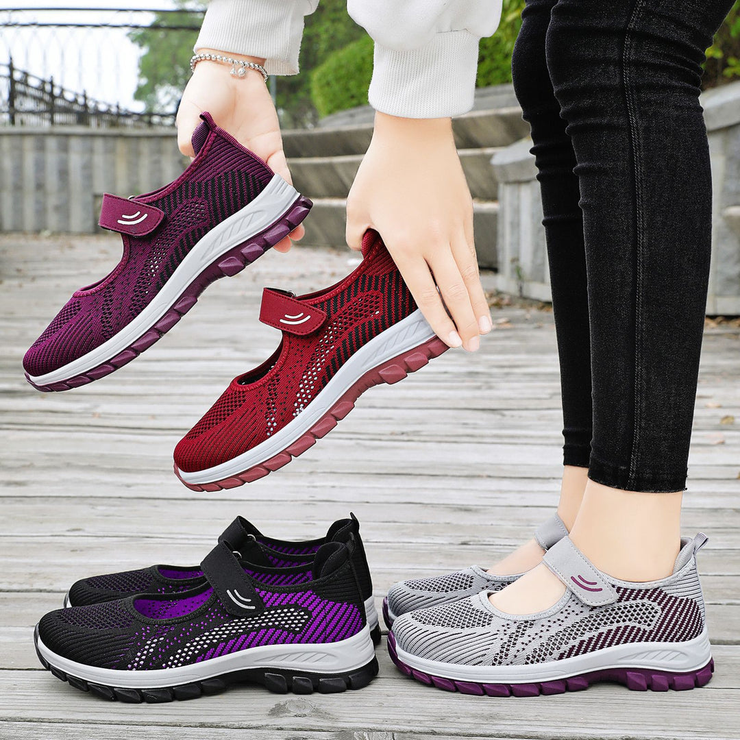 Damen nan atmungsaktive Strick-Mary-Jane Walkingsneaker mit Klettverschluss und dämpfender Leichtlaufsohle EB