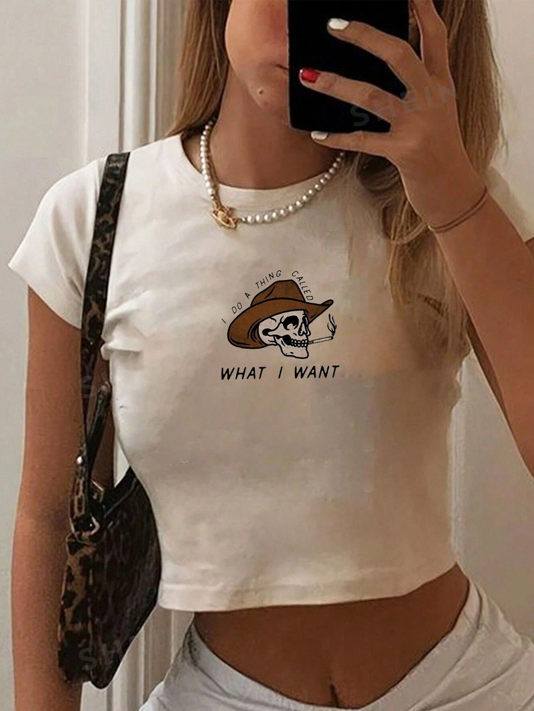 Damen Crop-T-Shirt mit kreativem Telefon-Design EB