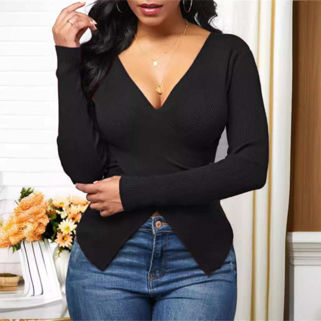 Damen Wickeloberteil mit tiefem V-Ausschnitt und feinem Rippdesign EB