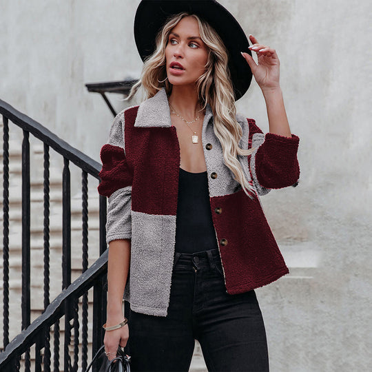 Damen trendige Teddyjacke mit modernem Patchwork-Design EB